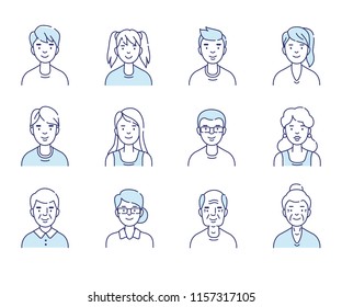 Simple set of avatars icons. Different ages people. Flat line vector illustration isolated on white background.