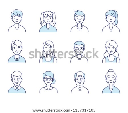 Simple set of avatars icons. Different ages people. Flat line vector illustration isolated on white background.