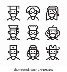 Simple Set Avatars With Medical Mask Vector line Icons