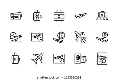 A simple set of aviation-related vector line icons. Contains icons such as: plane, baggage, ticket, passport, wi-fi, land, clock, and more. Editable Stroke. 48x48 pixels is perfect.