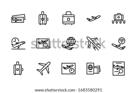 A simple set of aviation-related vector line icons. Contains icons such as: plane, baggage, ticket, passport, wi-fi, land, clock, and more. Editable Stroke. 48x48 pixels is perfect.