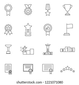 Simple Set of awards Related Vector Line Icons. Contains such Icons as victory, leadership, cup, medal, diploma, prize, rating, crown and more. Symbol, logo illustration.