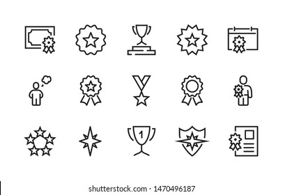 Simple Set Of Awards Vector Line Icons. Modern Outline Elements, Graphic Design Concepts. Contains Such Icons As Cup, Pedestal, Medal, Diploma, Star, Calendar. Editable Stroke. 48x48 Pixel Perfect.