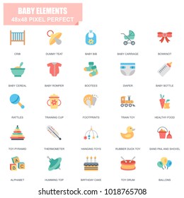 Simple Set of Baby Elements Related Vector Flat Icons. Contains such Icons as Crib, Dummy Teat, Diaper, Rattles, Rubber Duck Toy, Footprints and more. Editable Stroke. 48x48 Pixel Perfect.