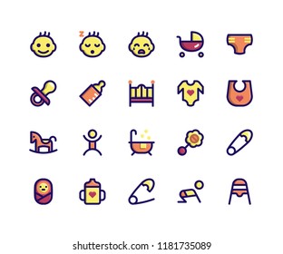 Simple Set of Baby Related Vector Filled Line Icons. Contains such Icons as baby, stroller, diaper, pacifier, bottle and More. pixel perfect vector icons based on 32px grid. Well Organized and Layered svg