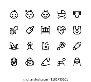 Simple Set of Baby Related Vector Line Icons. Contains such Icons as baby, stroller, diaper, pacifier, bottle and More. pixel perfect vector icons based on 32px grid. Well Organized and Layered. svg