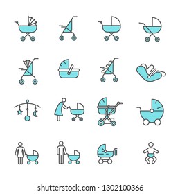 Simple Set of baby stroller Related Vector Line Icons. Contains such Icons as child, child seat, newborn, bassinet, maternity and more. - Vector