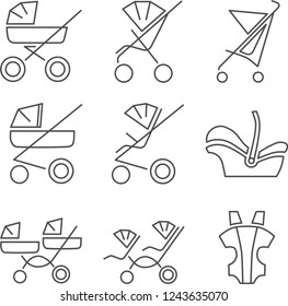 Simple set of baby strollers with baby car seat and baby carrier. Vector line icons