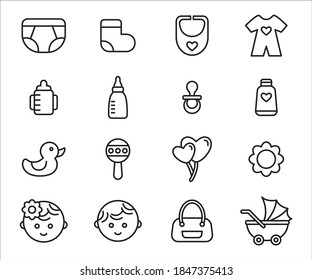 Simple Set of baby supplies item Related Vector icon graphic design template. Contains such Icons as baby, outfit, toy, duck, trolley, bag, pacifier bottle