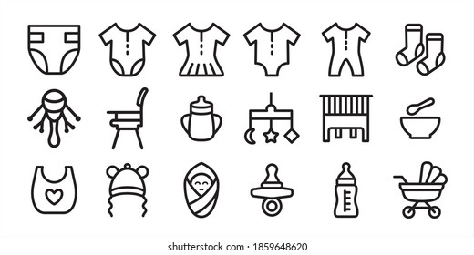 Simple Set of baby supply and outfit Related Vector icon lineal style graphic design. Contains such Icons as diaper, jumpsuit, boy, girl, sock, chair, mug, bed, cage, pacifier, apron, milk bottle