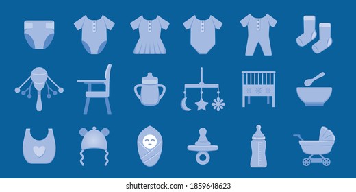 Simple Set of baby supply and outfit Related Vector icon graphic design. Contains such Icons as diaper, jumpsuit, boy, girl, sock, chair, mug, bed, cage, pacifier, apron, milk bottle