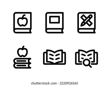 Sencillo conjunto de iconos de línea de vectores relacionados con la escuela. Contiene iconos como libro, abierto, investigación y más.