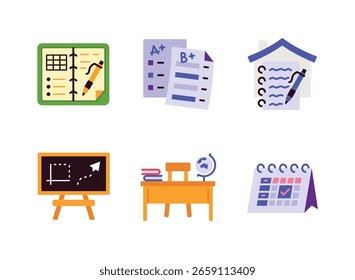 Simple Set of Back to School Related Flat Color Icons. Contains Icons as Planner, Report Card, Homework, and more.