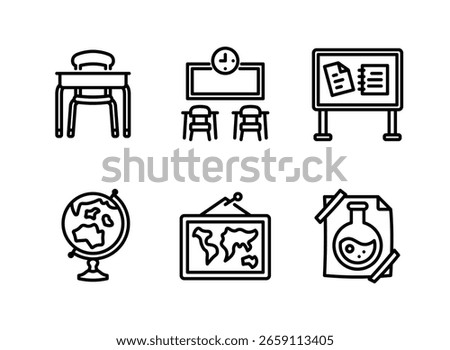 Simple Set of Back to School Related Line Icons. Contains Icons as Student Desk, Classroom, Bulletin Board and more.