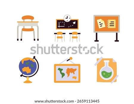 Simple Set of Back to School Related Flat Color Icons. Contains Icons as Student Desk, Classroom, Bulletin Board and more.
