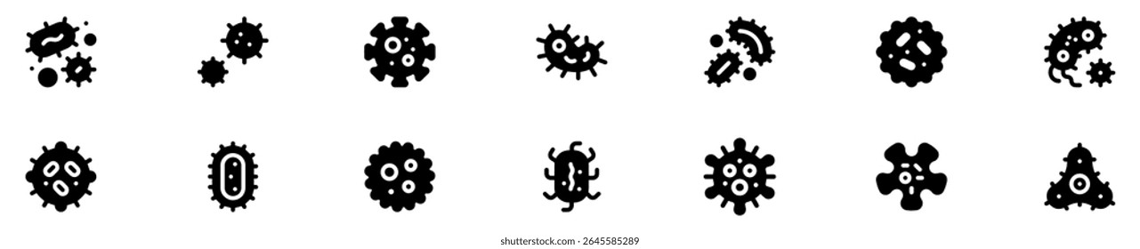 Conjunto simples de ícones de bactérias e vírus. Bactérias, micróbios, conjunto de ícones vetoriais de vírus. Coleção microscópica de bactérias e bacilos. Ilustração de vetor.