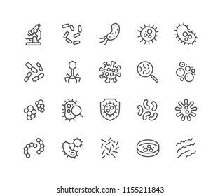 Simple Conjunto de Iconos de Línea Vectorial Relacionados con Bacteria. Contiene íconos como virus, colonia de bacterias, Petri Dish y más.
 Trazo editable. 48x48 Pixel Perfecto.