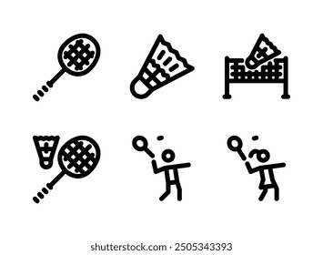 Einfaches Set von Badminton-bezogenen Linien-Symbolen. Enthält Symbole wie Schläger, Shuttlecock, Net und mehr.