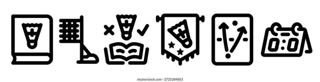Einfaches Set von Badminton-bezogenen Linien-Symbolen. Enthält Symbole wie Taktik, Regelbuch, Net Pool und mehr.