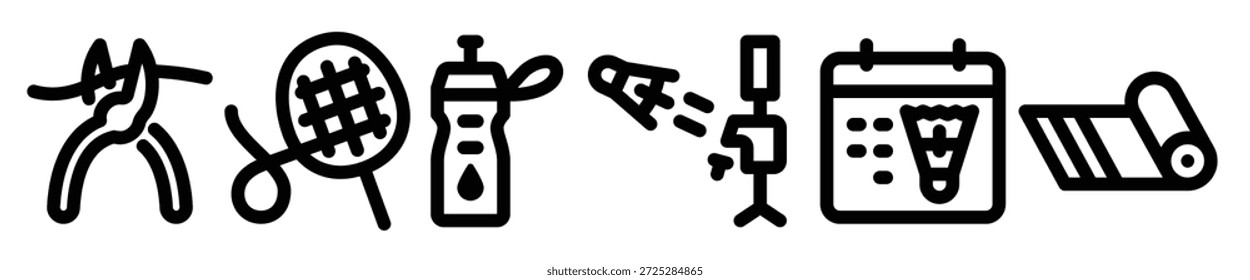 Conjunto simple de iconos de línea relacionados con el bádminton. Contiene iconos como raqueta de bádminton, cortador de cuerdas, alimentador de Shuttlecock y más.