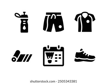 Simple Set of Badminton Related Vector Solid Icons. Contains Icons as Water Bottle, Short Pant, and more.