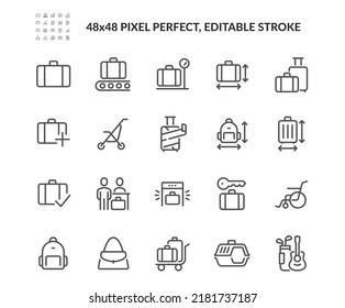 Simple Juego de Iconos de Línea Vectora Relacionados con el Equipaje. 
Contiene iconos como el tamaño de la bolsa, el transporte para bebés, el equipaje especial sin formato y más. Stroke editable. 48x48 Pixel Perfecto.
