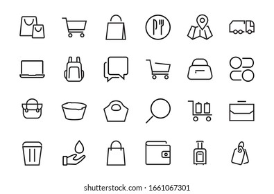 A simple set of bags, shopping and travel icons. Vector illustration Contains icons such as Card, wallet, shopping basket, discount, bowl, package. On a white background, editable stroke. 48x48 pixels