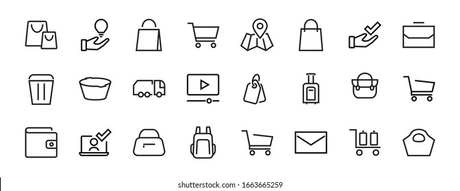 Un simple juego de bolsas, compras e íconos de viaje. Ilustración vectorial Contiene iconos como Tarjeta, cartera, cesta de compras, descuento, tazón, paquete. En un fondo blanco, trazo editable. 48 x 48 píxeles