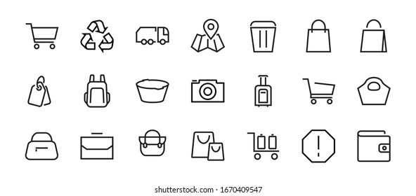 A simple set of bags, shopping and travel icons. Vector illustration Contains icons such as Card, wallet, shopping basket, discount, bowl, package. On a white background, editable stroke. 48x48 pixel