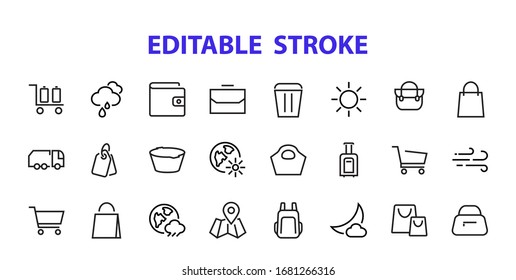 A simple set of bags, shopping and travel icons. Vector illustration Contains icons such as Card, wallet, shopping basket, discount, bowl, package. On a white background, editable stroke. 48x48 pixel