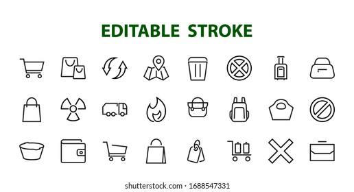 A simple set of bags, shopping and travel icons. Vector illustration Contains icons such as Card, wallet, shopping basket, discount, bowl, package. On a white background, editable stroke.