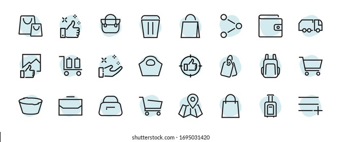 A simple set of bags, shopping and travel icons. Vector illustration Contains icons such as Card, wallet, shopping basket, discount, bowl, package. On a white background, editable stroke.