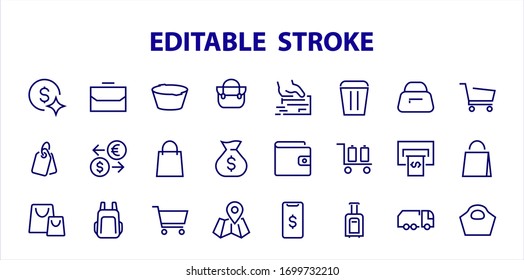 A simple set of bags, shopping and travel icons. Vector illustration Contains icons such as Card, wallet, shopping basket, discount, bowl, package. On a white background, editable stroke.