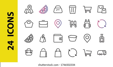 A simple set of bags, shopping and travel icons. Vector illustration Contains icons such as Card, wallet, shopping basket, discount, bowl, package. On a white background, editable stroke.