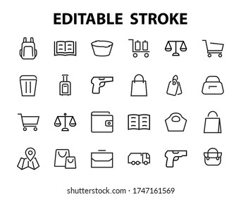 A simple set of bags, shopping and travel icons. Vector illustration Contains icons such as Card, wallet, shopping basket, discount, bowl, package. On a white background, editable stroke.