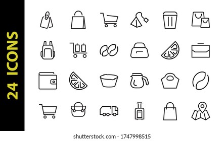 A simple set of bags, shopping and travel icons. Vector illustration Contains icons such as Card, wallet, shopping basket, discount, bowl, package. On a white background, editable stroke.