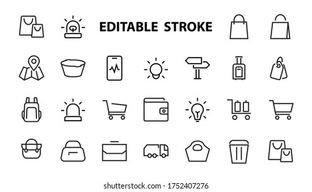 A simple set of bags, shopping and travel icons. Vector illustration Contains icons such as Card, wallet, shopping basket, discount, bowl, package. On a white background, editable stroke.