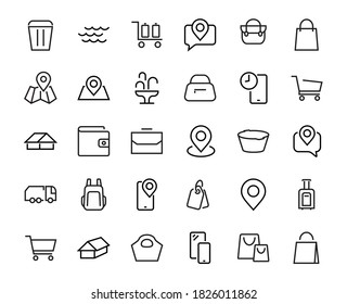 A simple set of bags, shopping and travel icons. Vector illustration Contains icons such as Card, wallet, shopping basket, discount, bowl, package. On a white background, editable stroke.