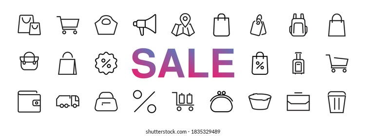 A simple set of bags, shopping and travel icons. Vector illustration Contains icons such as Card, wallet, shopping basket, discount, bowl, package. On a white background, editable stroke. black friday