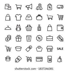 A simple set of bags, shopping and travel icons. Vector illustration Contains icons such as Card, wallet, shopping basket, discount, bowl, package. On a white background, editable stroke.