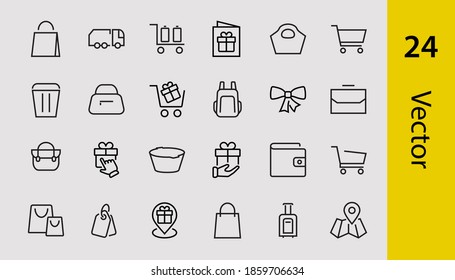 A simple set of bags, shopping and travel icons. Vector illustration Contains icons such as Card, wallet, shopping basket, discount, bowl, package. On a white background, editable stroke.