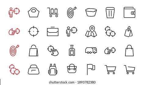 A simple set of bags, shopping and travel icons. Vector illustration Contains icons such as Card, wallet, shopping basket, discount, bowl, package. On a white background, editable stroke.