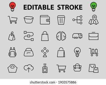 A simple set of bags, shopping and travel icons. Vector illustration Contains icons such as Card, wallet, shopping basket, discount, bowl, package. On a white background, editable stroke.