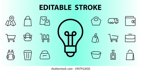 A simple set of bags, shopping and travel icons. Vector illustration Contains icons such as Card, wallet, shopping basket, discount, bowl, package. On a white background, editable stroke.