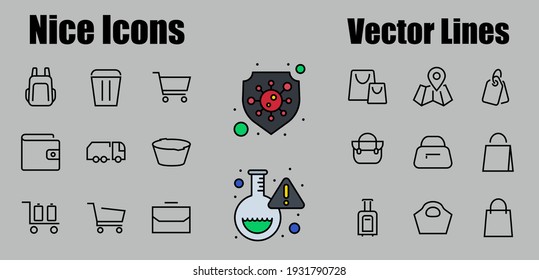 A simple set of bags, shopping and travel icons. Vector illustration Contains icons such as Card, wallet, shopping basket, discount, bowl, package. On a white background, editable stroke.