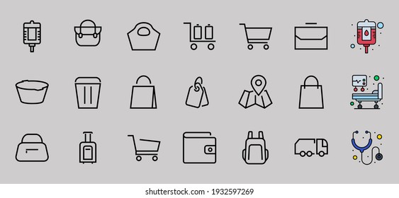 A simple set of bags, shopping and travel icons. Vector illustration Contains icons such as Card, wallet, shopping basket, discount, bowl, package. On a white background, editable stroke.