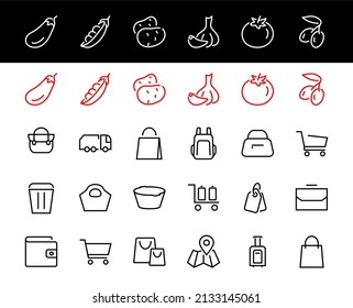 A simple set of bags, shopping and travel icons. Vector illustration Contains icons such as Card, wallet, shopping basket, discount, bowl, package. On a white background, editable stroke.