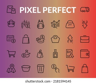 A Simple Set Of Bags, Shopping And Travel Icons. Vector Illustration Contains Icons Such As Card, Wallet, Shopping Basket, Discount, Bowl, Package. On A White Background, Editable Stroke.