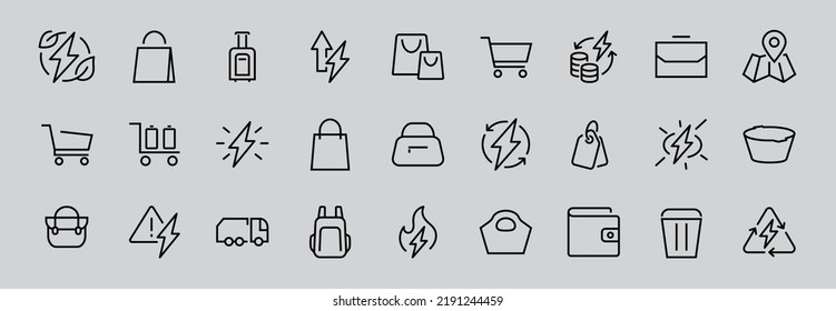 A Simple Set Of Bags, Shopping And Travel Icons. Vector Illustration Contains Icons Such As Card, Wallet, Shopping Basket, Discount, Bowl, Package. On A White Background, Editable Stroke.