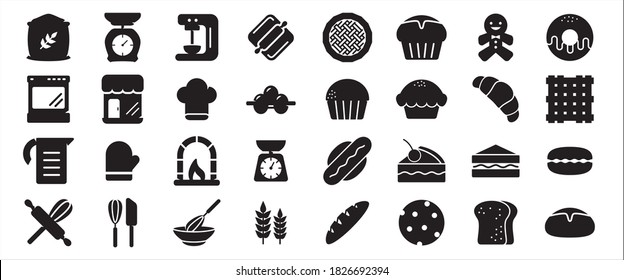 Simple Set of bakery kitchen cooking Related Vector icon graphic design templates. Contains such Icons as baking, bread, pudding, kitchen weight scale, and pizza